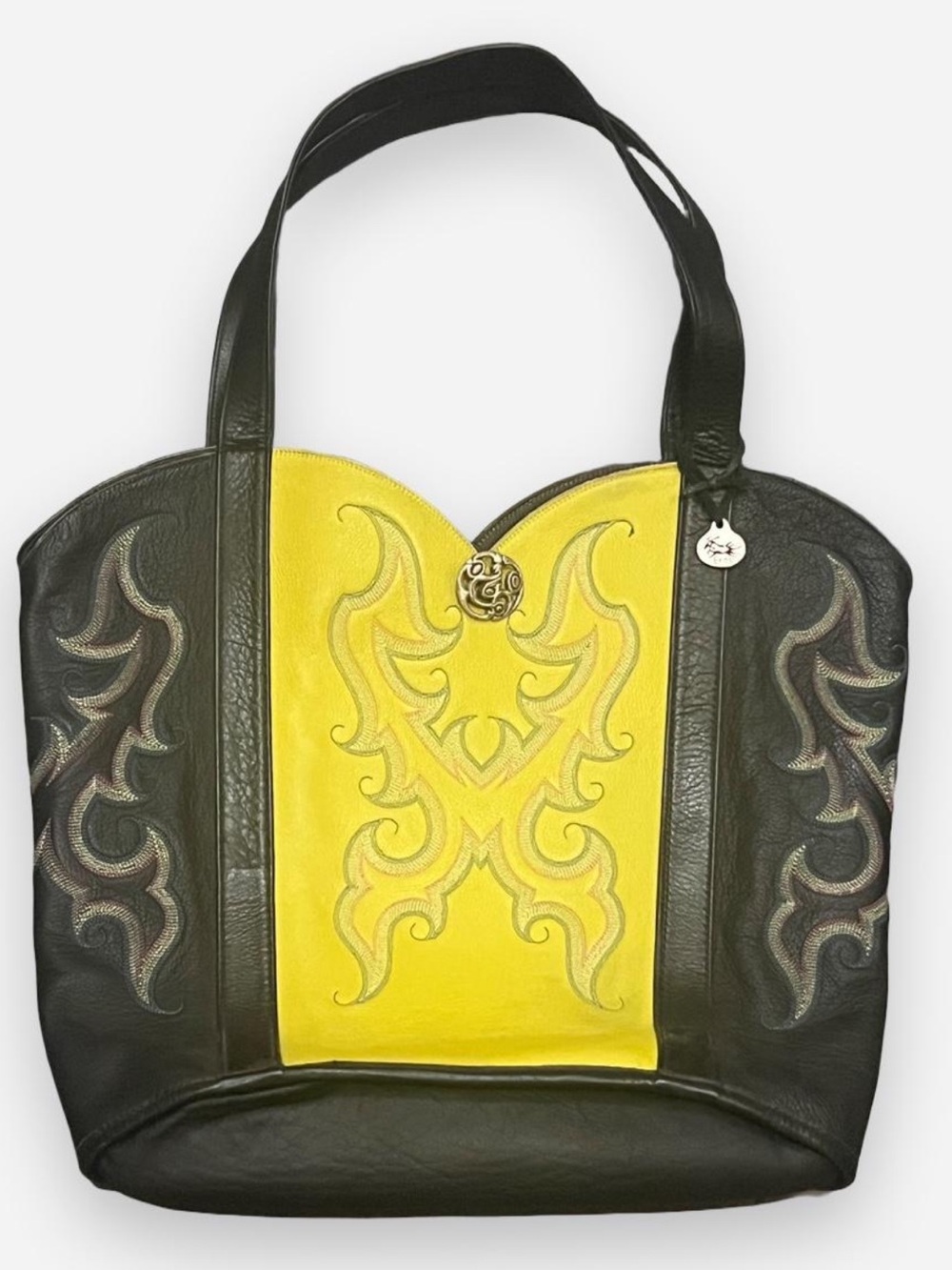 Erda Handmade Cowboy Boot Leather Tote in Black & Green